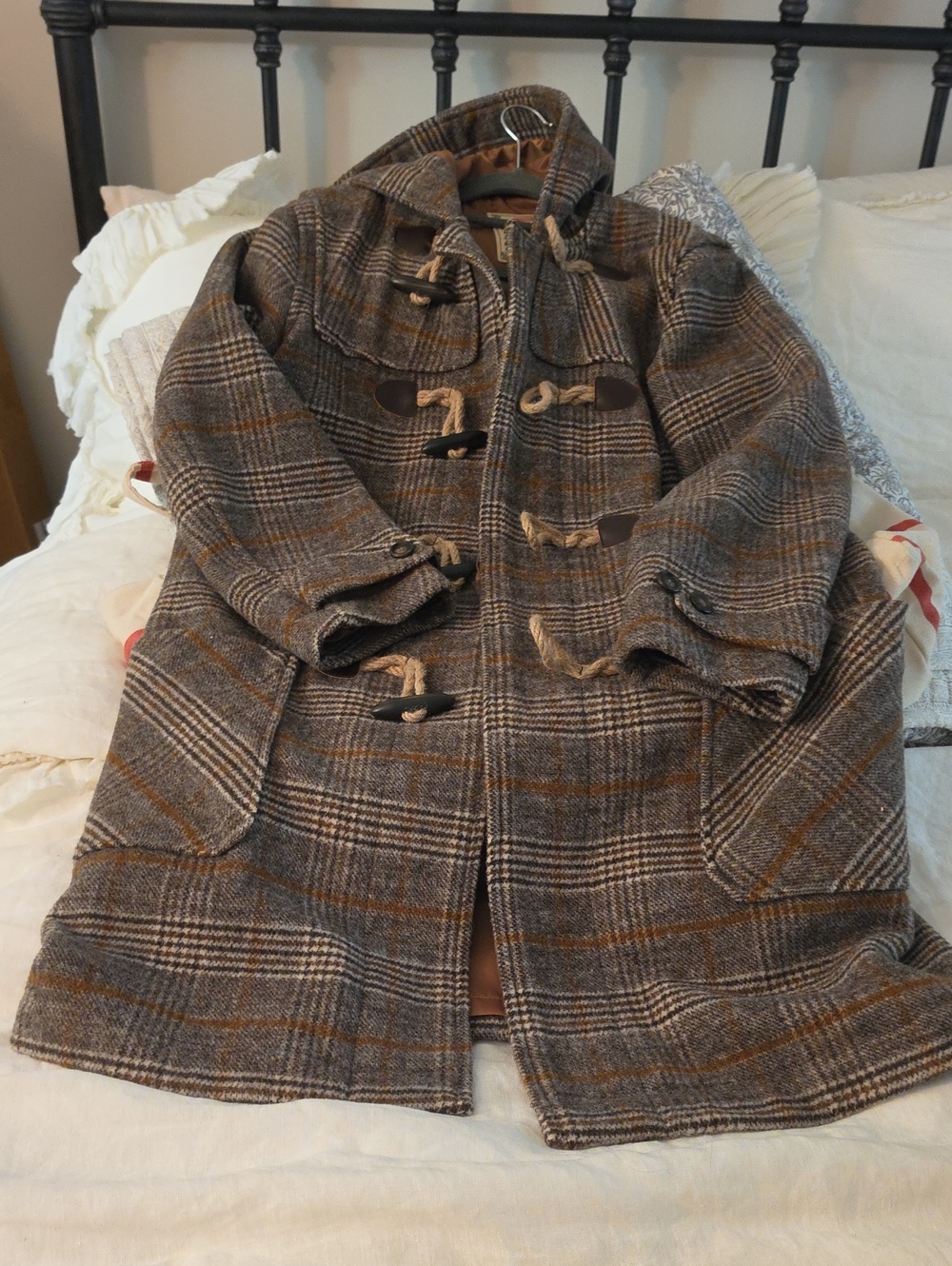 Womens Brown Plaid Toggle Coat - Classic Wool-Blend Duffle Kiel James Patrick